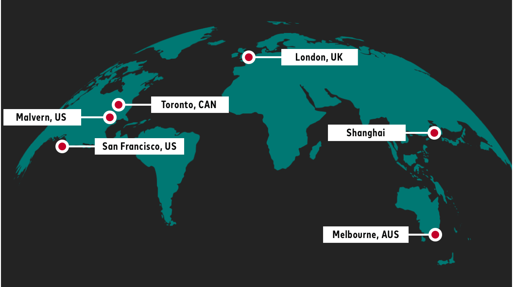 A global map highlighting regions where Vanguard ISG subject matter experts reside.